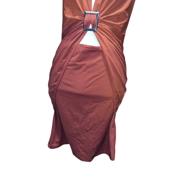 Halara Deep V Neck Halter Backless Ruched Bodycon Mini Casual Dress Sz Large Bro - Picture 7 of 14